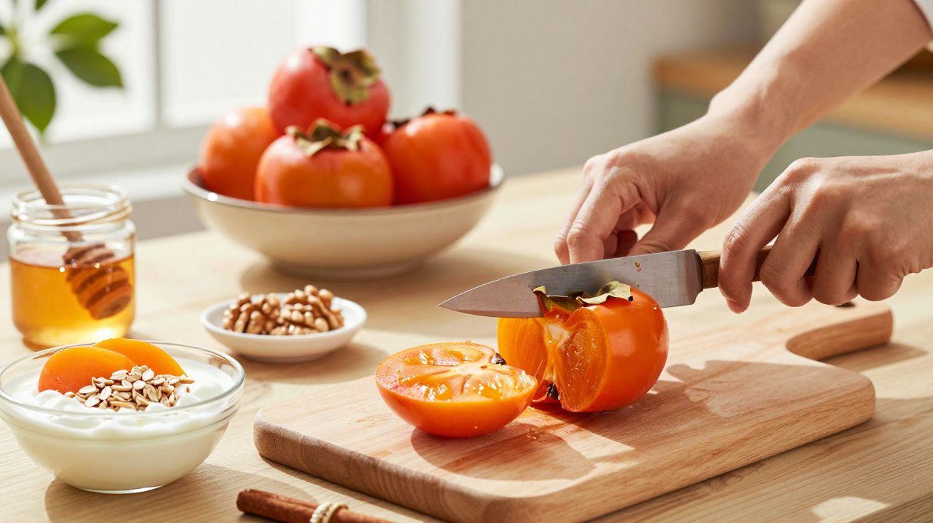 Mãos cortando um caqui sobre tábua, com tigela de caquis e iogurte com mel e amêndoas ao fundo.