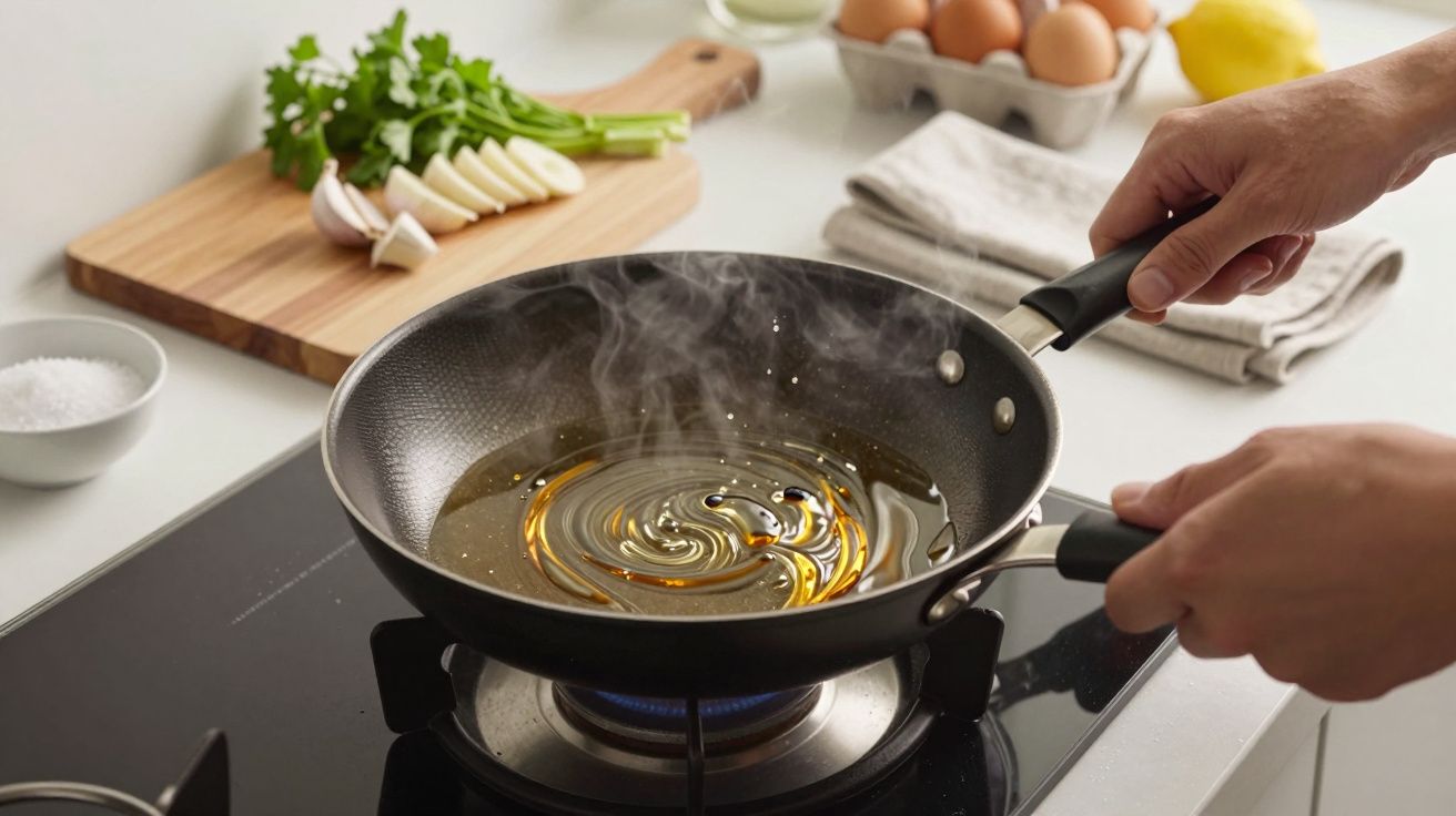 Pessoa segurando frigideira com óleo aquecido e fumegante, em fogão aceso. Ao fundo, tábua com vegetais.