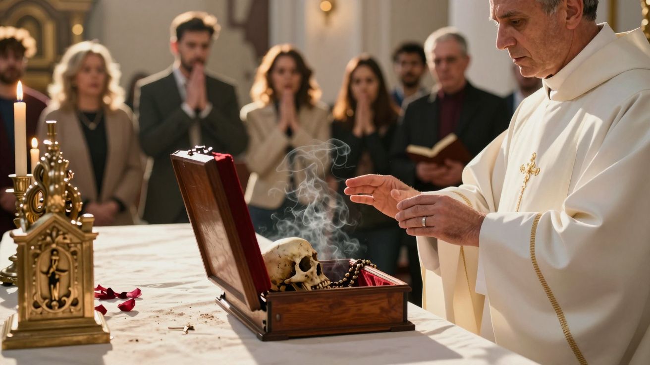 Padre abençoa crânio em caixa de madeira, com pessoas orando ao fundo em uma igreja.