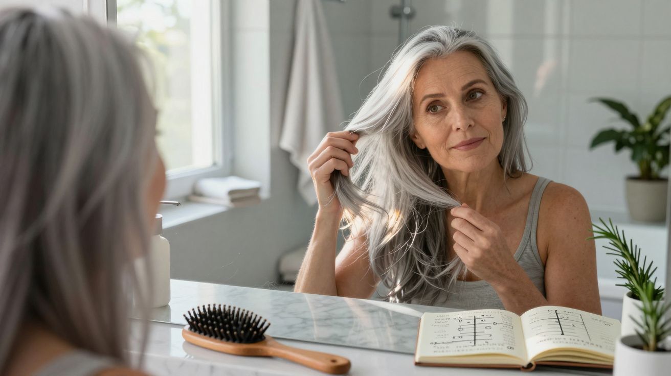 Mulher de cabelos grisalhos se olha no espelho, segurando os cabelos. Pente e caderno sobre a bancada do banheiro.