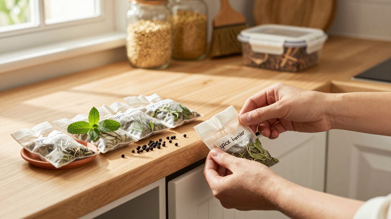 Mãos seguram saco de ervas em uma cozinha, com temperos e folhas dispostos no balcão iluminado.