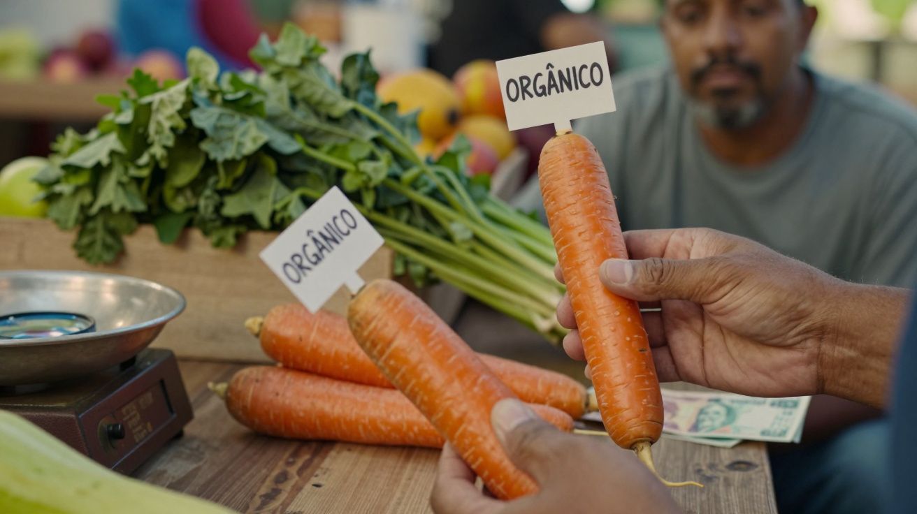 Homem segurando cenouras orgânicas em feira, com placa de "orgânico" e mesa cheia de legumes ao fundo.