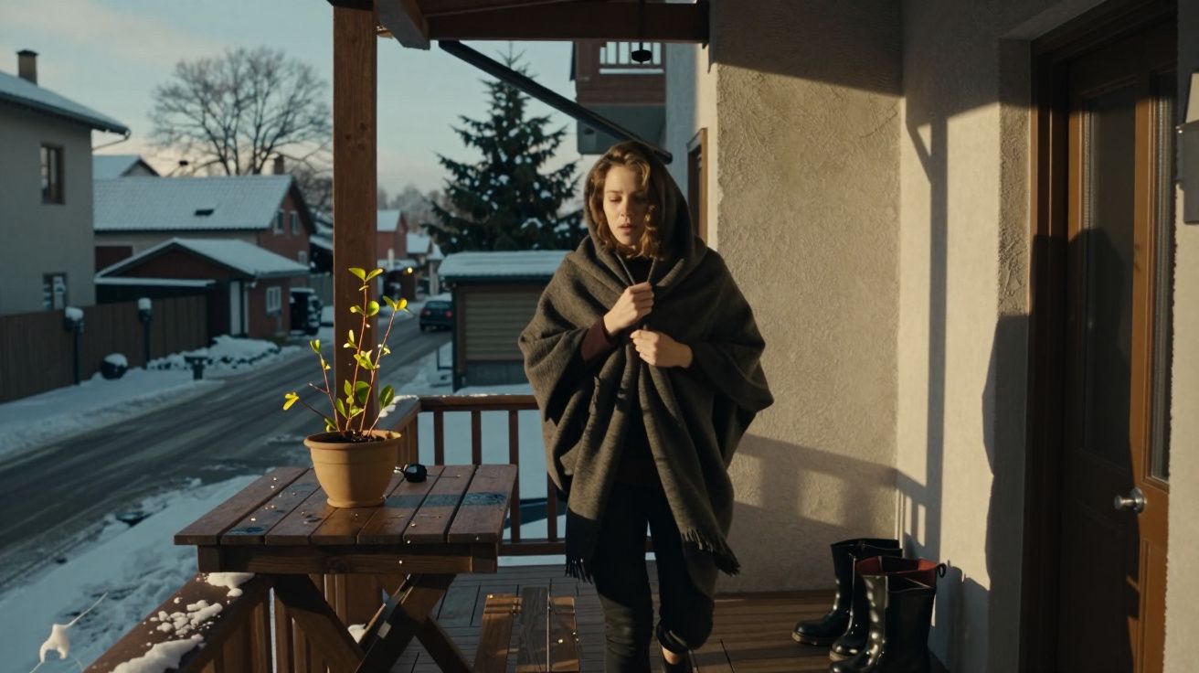 Mulher envolta em xale caminha em varanda de madeira no inverno, com neve ao redor e planta em vaso sobre a mesa.