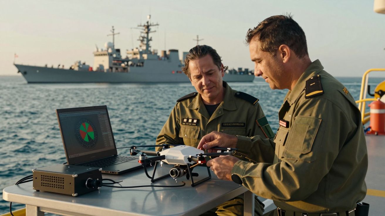 Dois militares operam um drone em uma mesa, com um navio de guerra ao fundo no mar.
