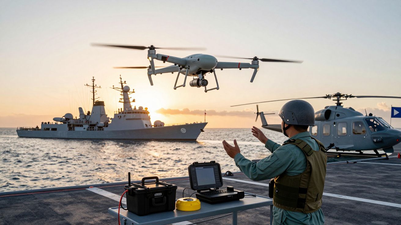 Pessoa opera drone em navio com fragata e helicóptero ao fundo, durante o pôr do sol no mar.