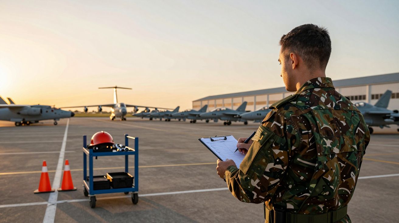 Militar de uniforme camuflado inspeciona aviões em base aérea ao pôr do sol, com prancheta na mão.