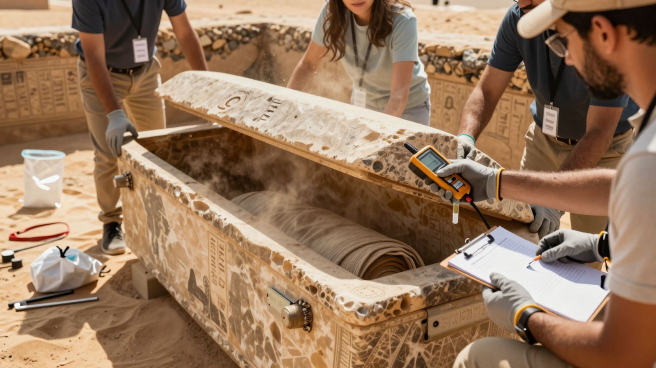 Arqueólogos investigam um sarcófago antigo em um sítio desértico, usando equipamentos e tomando notas.