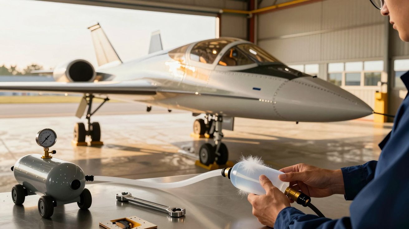 Pessoa ajusta equipamento em hangar, com jato branco ao fundo.