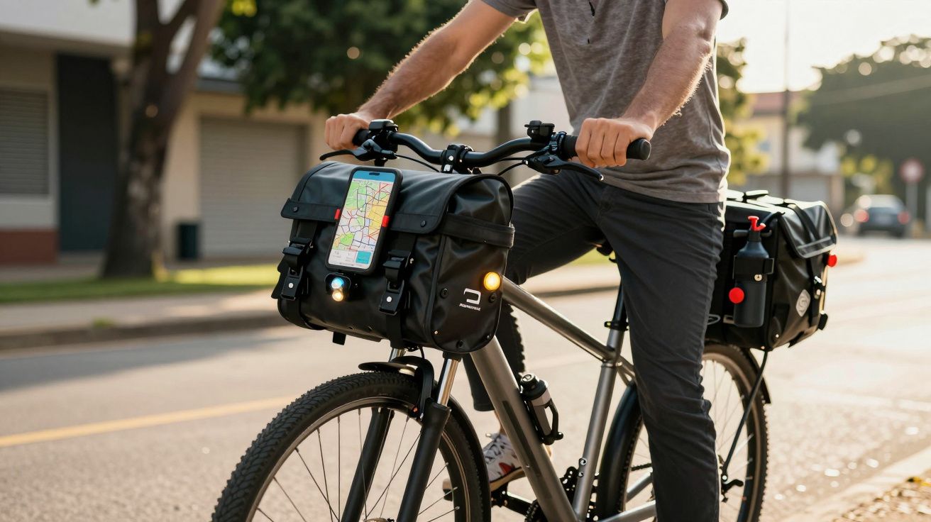 Pessoa andando de bicicleta equipada com alforjes pretos e mapa digital na cidade em uma manhã ensolarada.