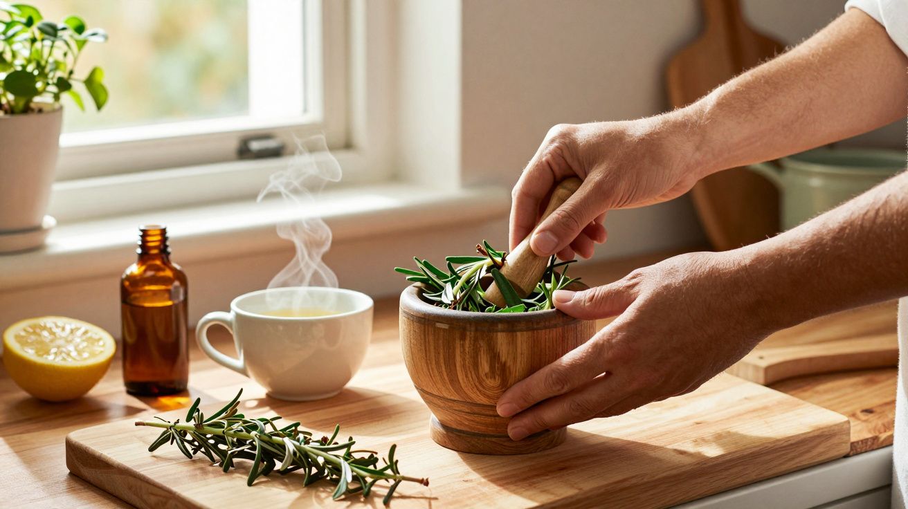 Mãos triturando ervas em um pilão de madeira na cozinha, com limão, frasco âmbar e xícara ao fundo.