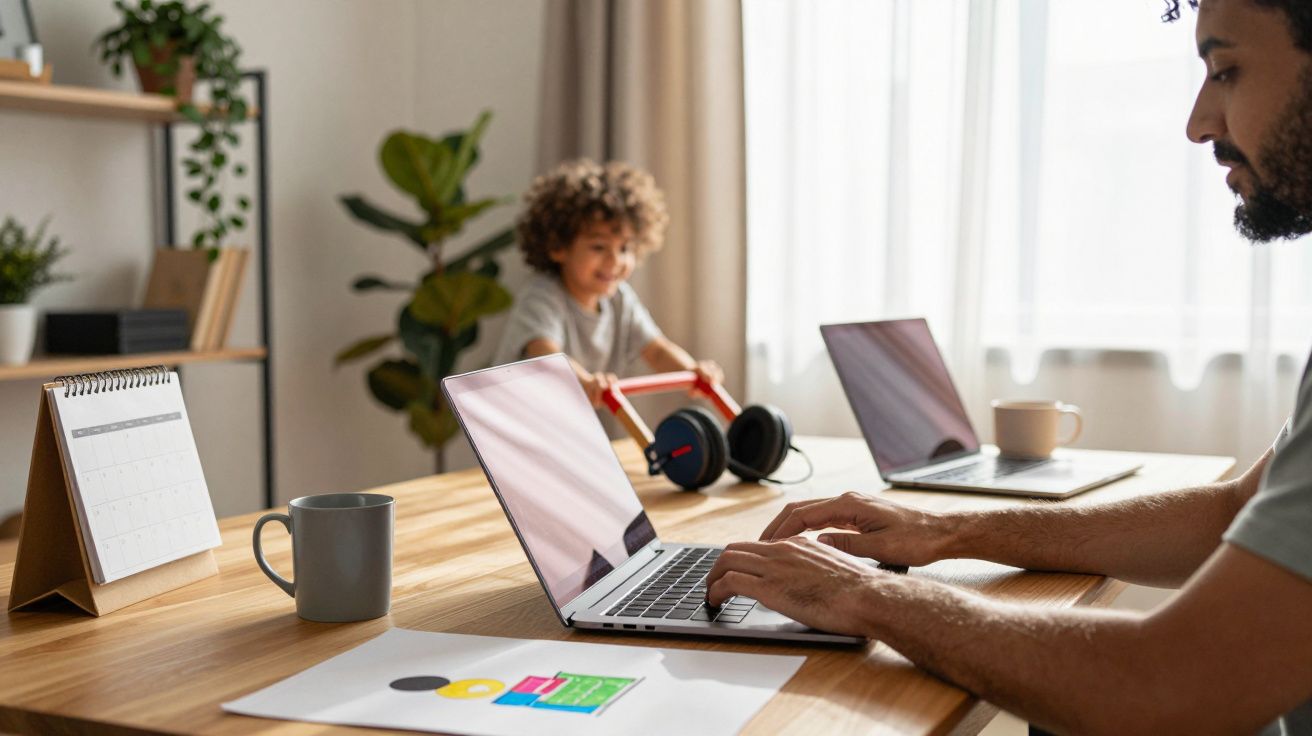 Homem trabalhando em laptop em mesa de madeira; criança brinca ao fundo. Mesa com calendário, caneca e fone de ouvido.