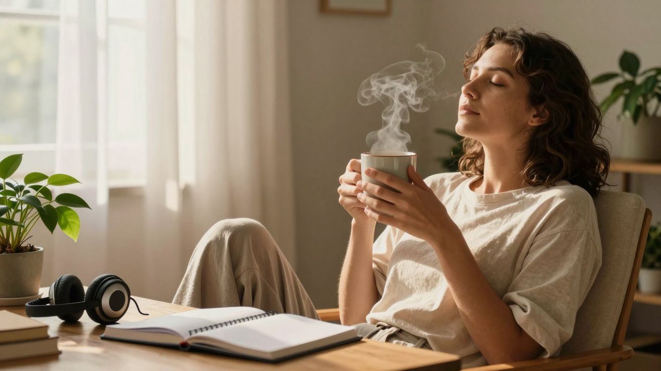 Mulher relaxada em cadeira, segurando uma caneca de bebida quente, cercada por plantas, livro e fones de ouvido na mesa.