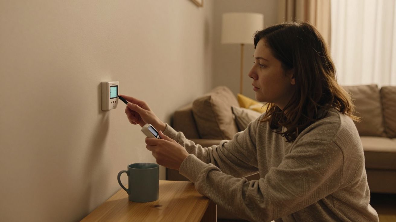 Mulher ajusta termostato na parede enquanto segura caneca; sala de estar ao fundo.