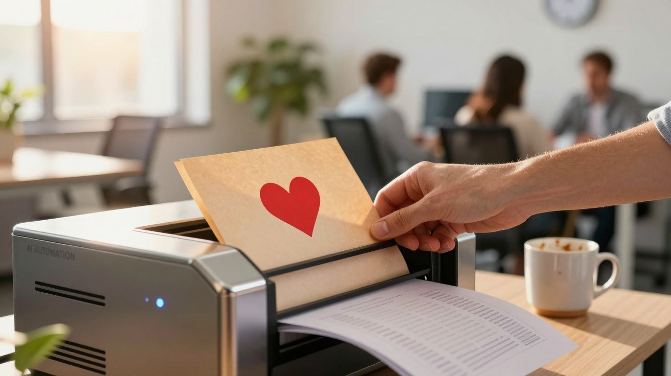 Pessoa coloca envelope com coração em impressora, escritório ao fundo com pessoas desfocadas e xícara sobre a mesa.