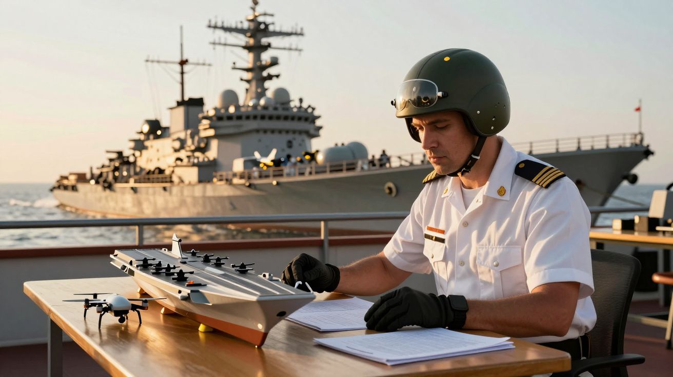 Oficial naval de capacete analisa documentos em frente a maquete de navio com embarcação real ao fundo.