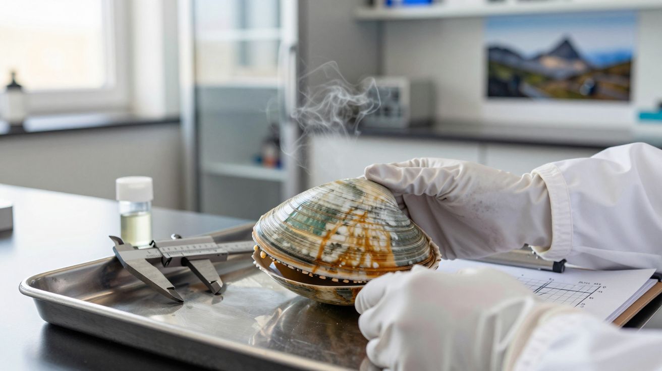 Cientista em luvas analisa concha grande em bandeja de metal, com instrumento de medição ao lado, em laboratório.