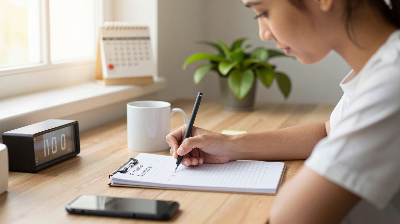 Mulher escreve em um caderno em uma mesa com relógio, planta, calendário, xícara e smartphone.