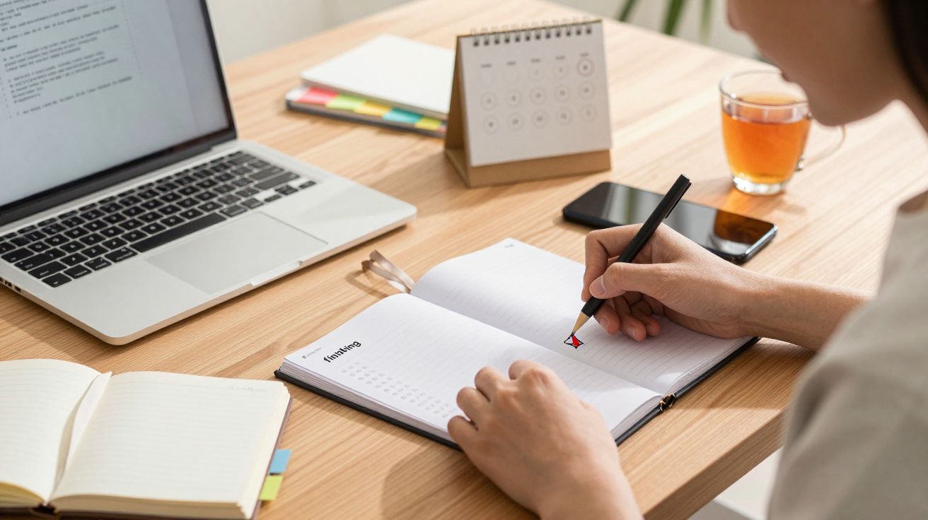 Mulher escrevendo em caderno na mesa com laptop, calendário, celular e chá ao lado.