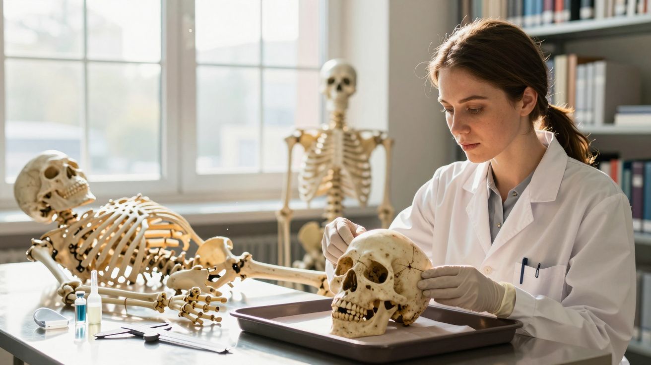 Cientista examinando crânio em laboratório, com dois esqueletos completos ao fundo, em ambiente bem iluminado.