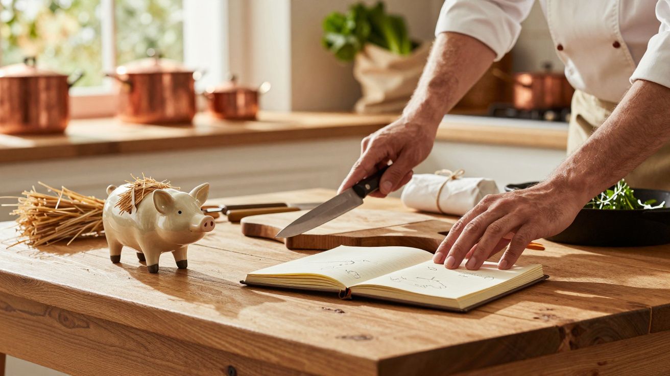 Cozinheiro cortando ingredientes ao lado de livro aberto em cozinha rústica, com panela de barro ao fundo.
