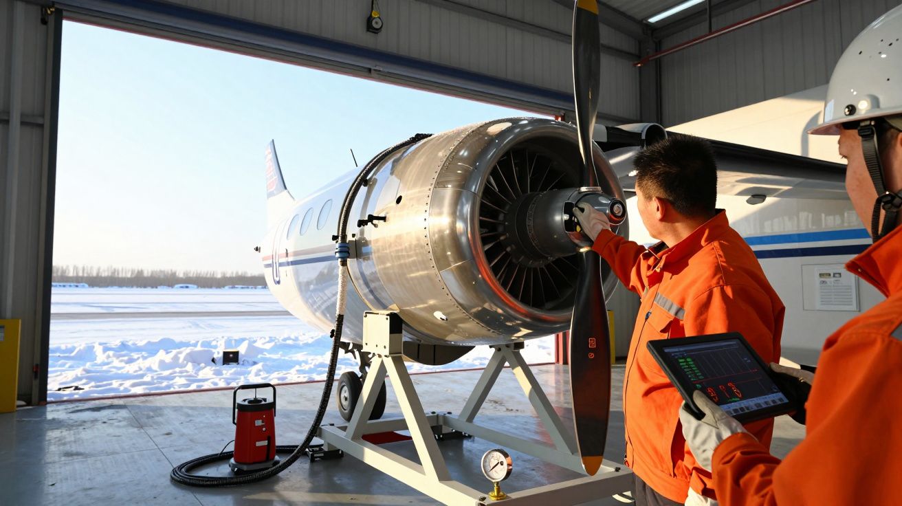 Dois técnicos inspecionam uma hélice de avião em um hangar iluminado, com neve ao fundo.