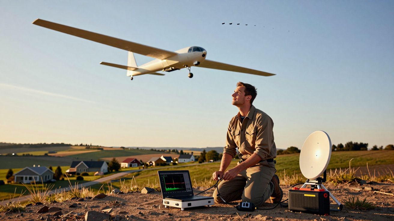 Homem ajoelhado no campo operando um drone com laptop e antena parabólica, casas ao fundo.