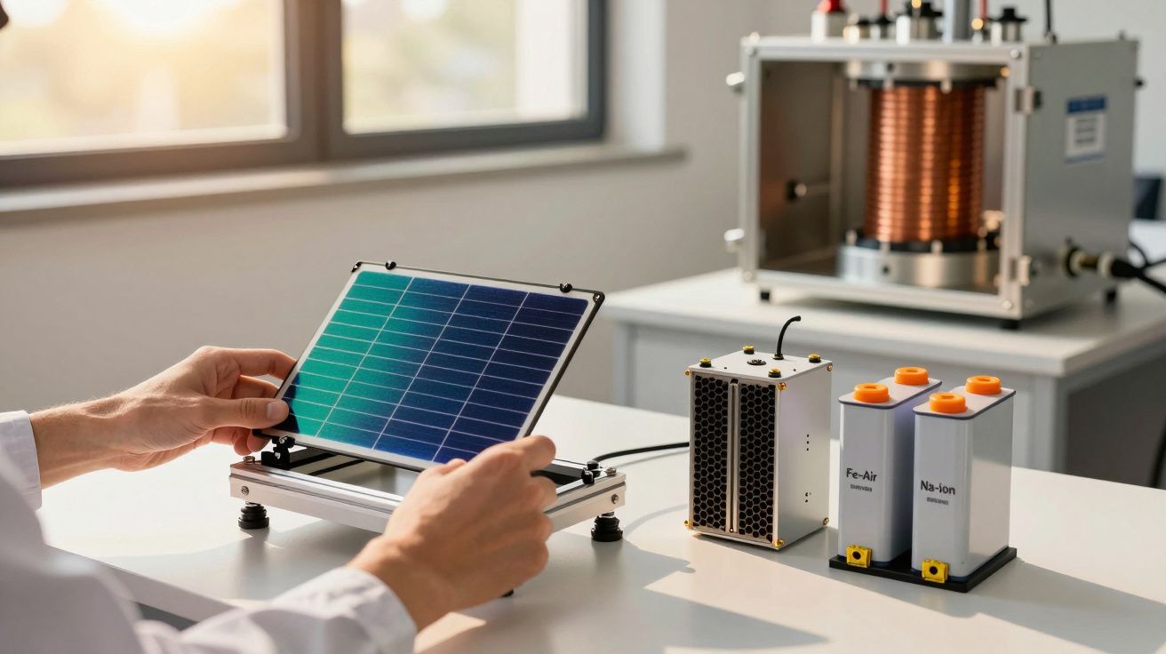Pessoa segurando painel solar em laboratório com baterias e equipamento elétrico ao fundo.