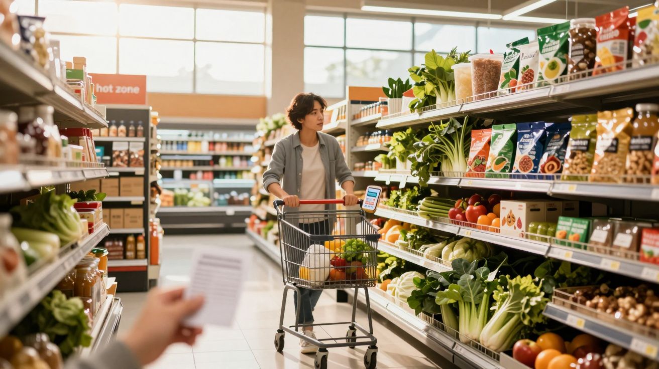 Pessoa fazendo compras em supermercado, empurrando carrinho entre prateleiras com produtos e vegetais frescos.