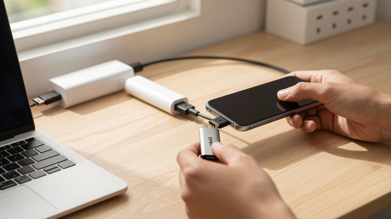 Pessoa conectando pendrive em smartphone, com laptop e adaptador sobre a mesa de madeira.