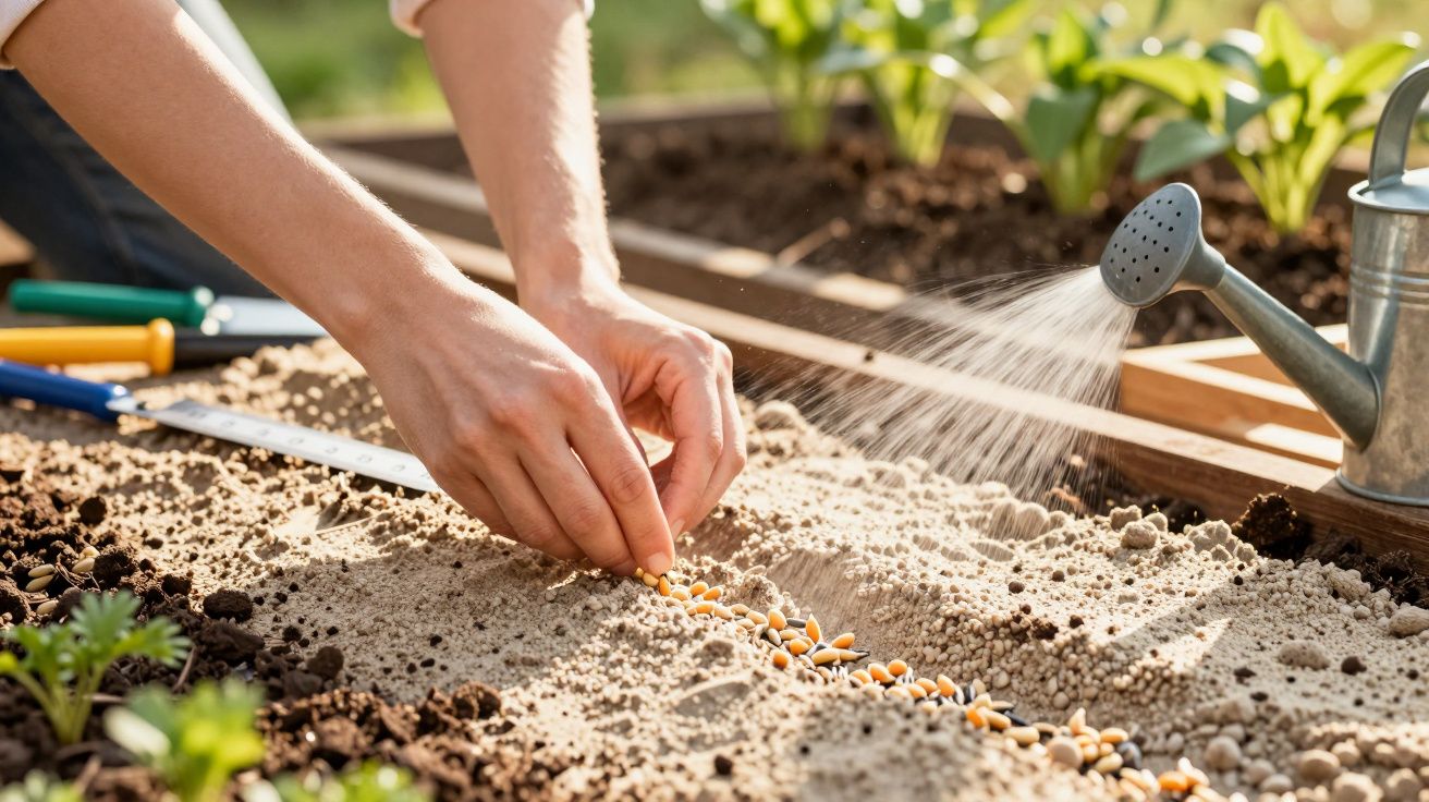Mãos plantando sementes em um canteiro preparado, regador à direita e brotos ao fundo.