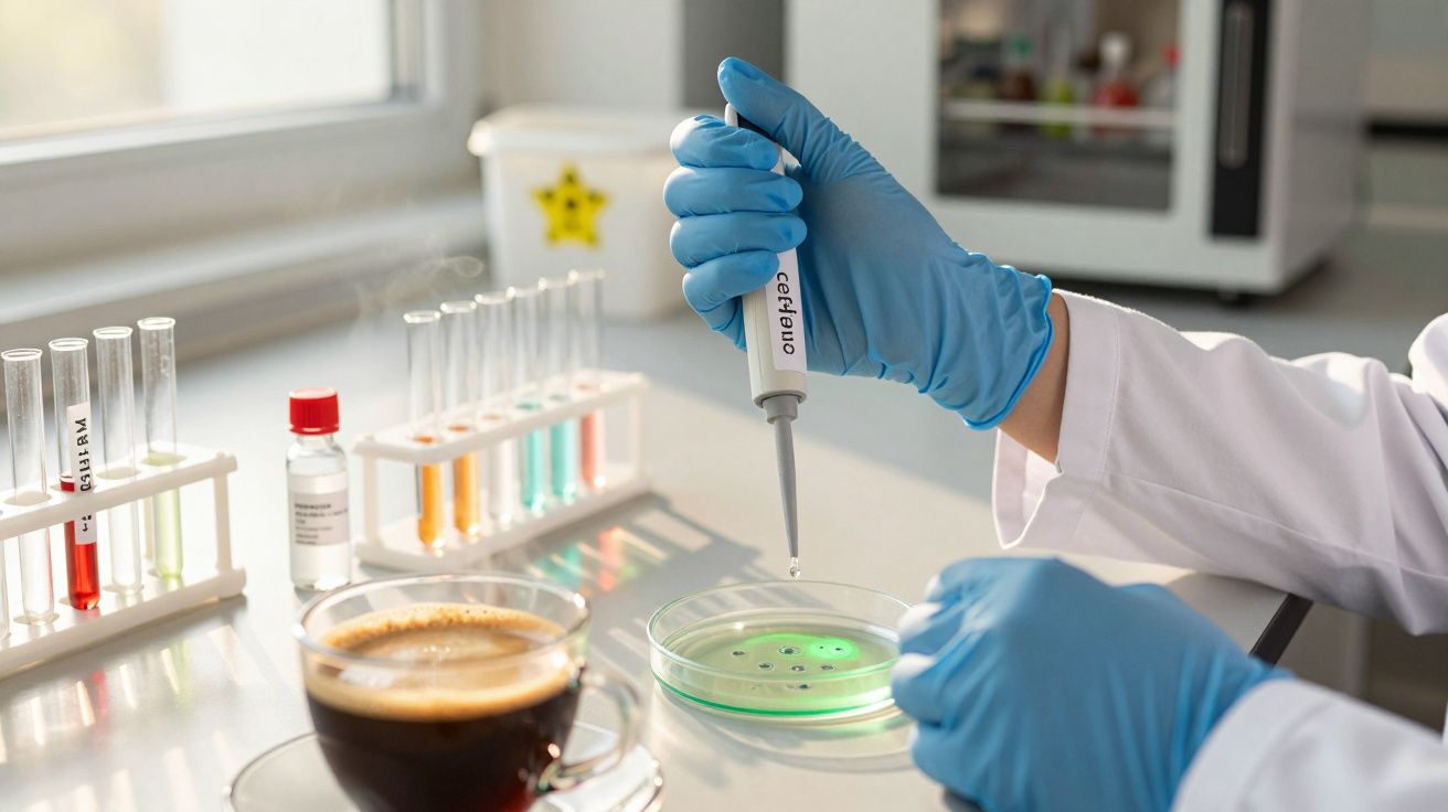 Cientista com luvas azuis usando pipeta em placa de Petri em laboratório, com tubos de ensaio e café ao lado.