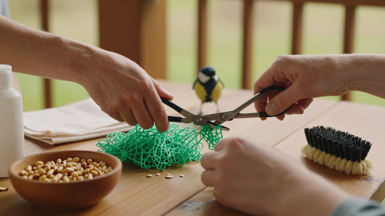 Mãos cortam rede verde sobre mesa com sementes e escova; pássaro pousa perto das mãos.