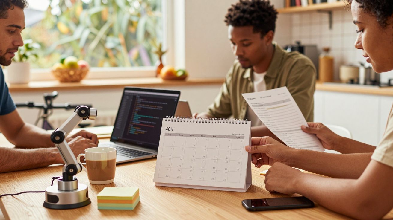Três pessoas trabalham em uma mesa com laptop, calendário, papéis e caneca de café em ambiente de escritório moderno.