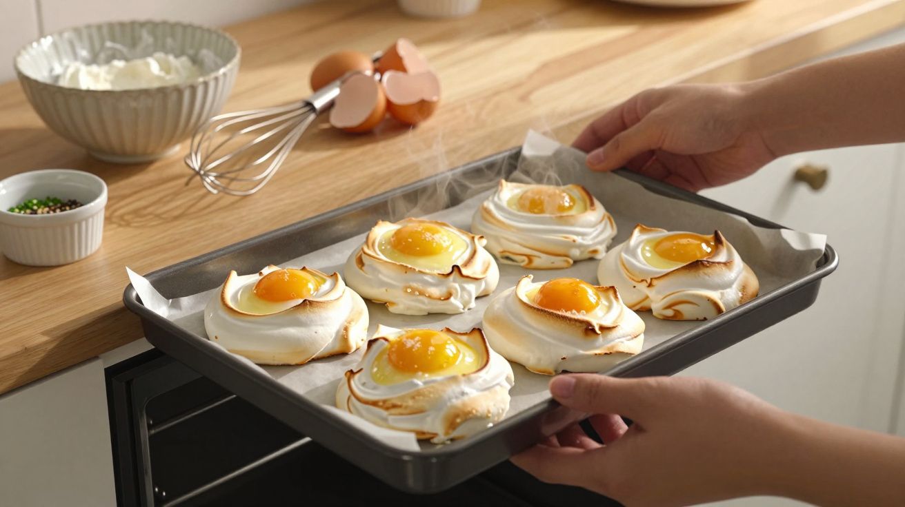 Bandeja com seis merengues assados com cobertura de calda amarela, sendo retirada de um forno.