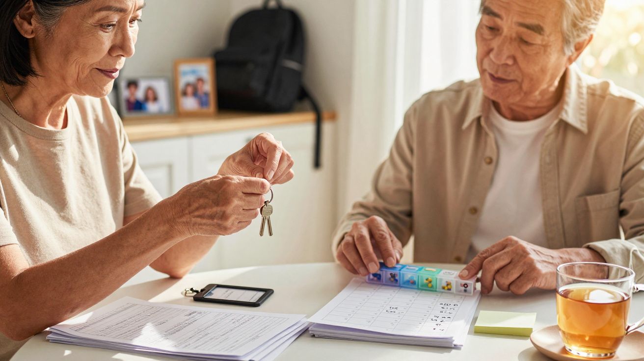 Casal de idosos sentado à mesa com papéis, chave, smartphone, porta-comprimidos e chá.