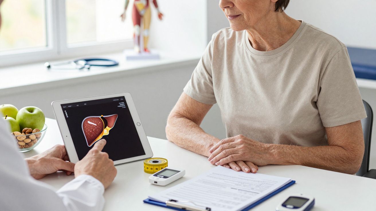 Médico mostra imagem do fígado em tablet para paciente idosa em consulta médica.