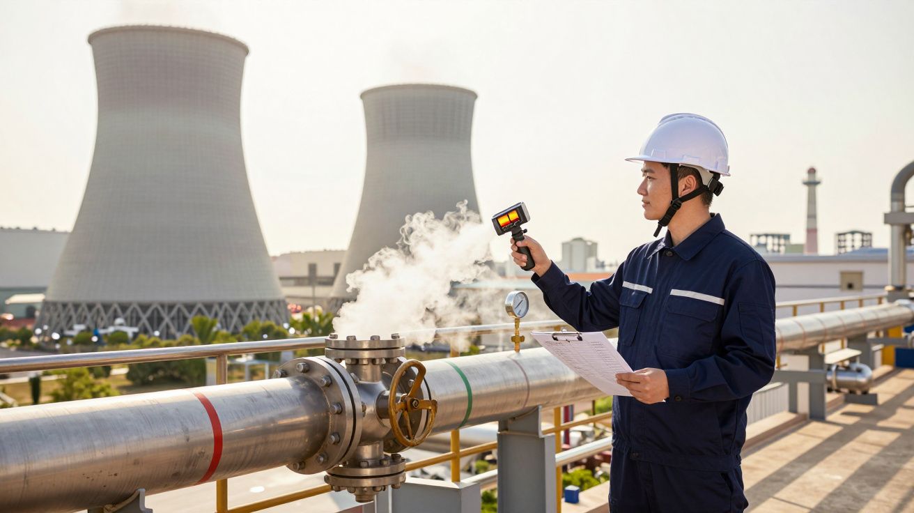 Engenheiro em frente a dutos vaporosos, com duas torres de resfriamento ao fundo, utilizando medidor de temperatura.