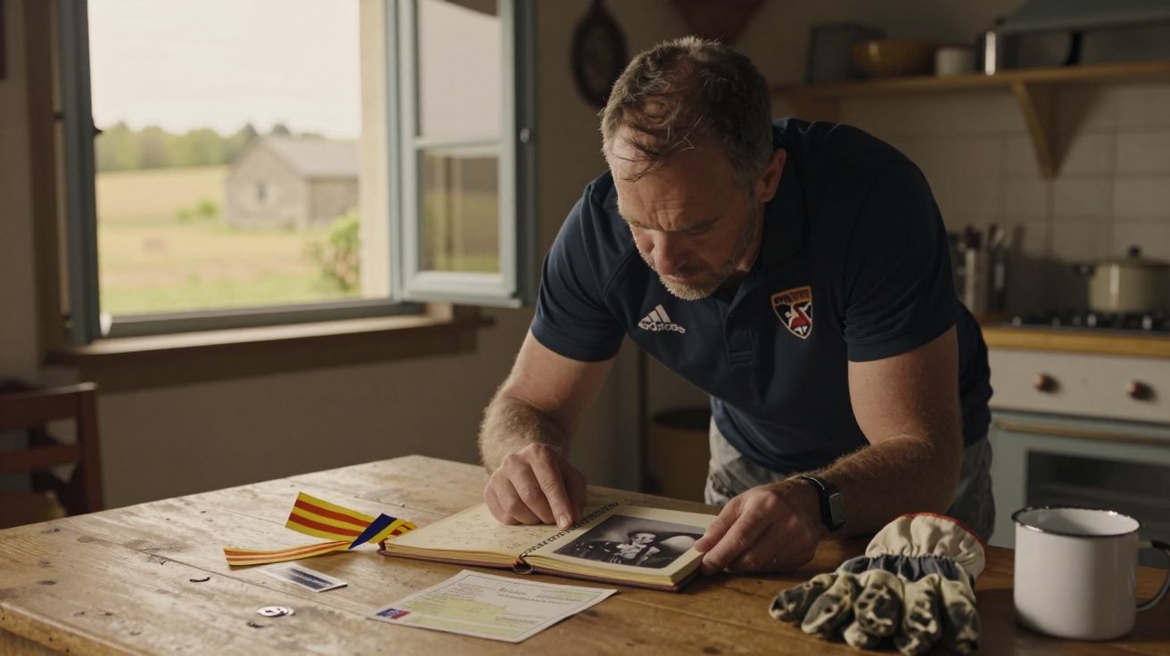 Homem em cozinha examina álbum de fotos em mesa de madeira, cercado por documentos e lembranças.