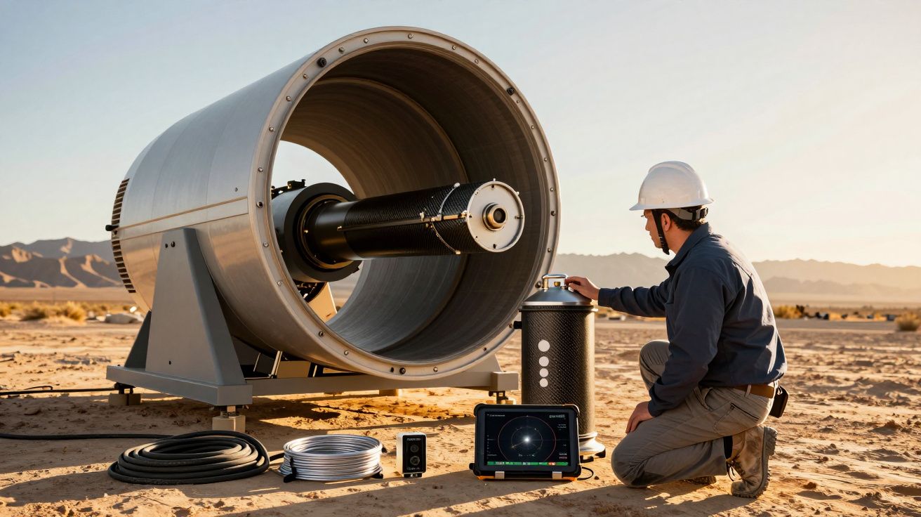 Engenheiro de capacete ajusta equipamento cilíndrico em área desértica com colinas ao fundo.