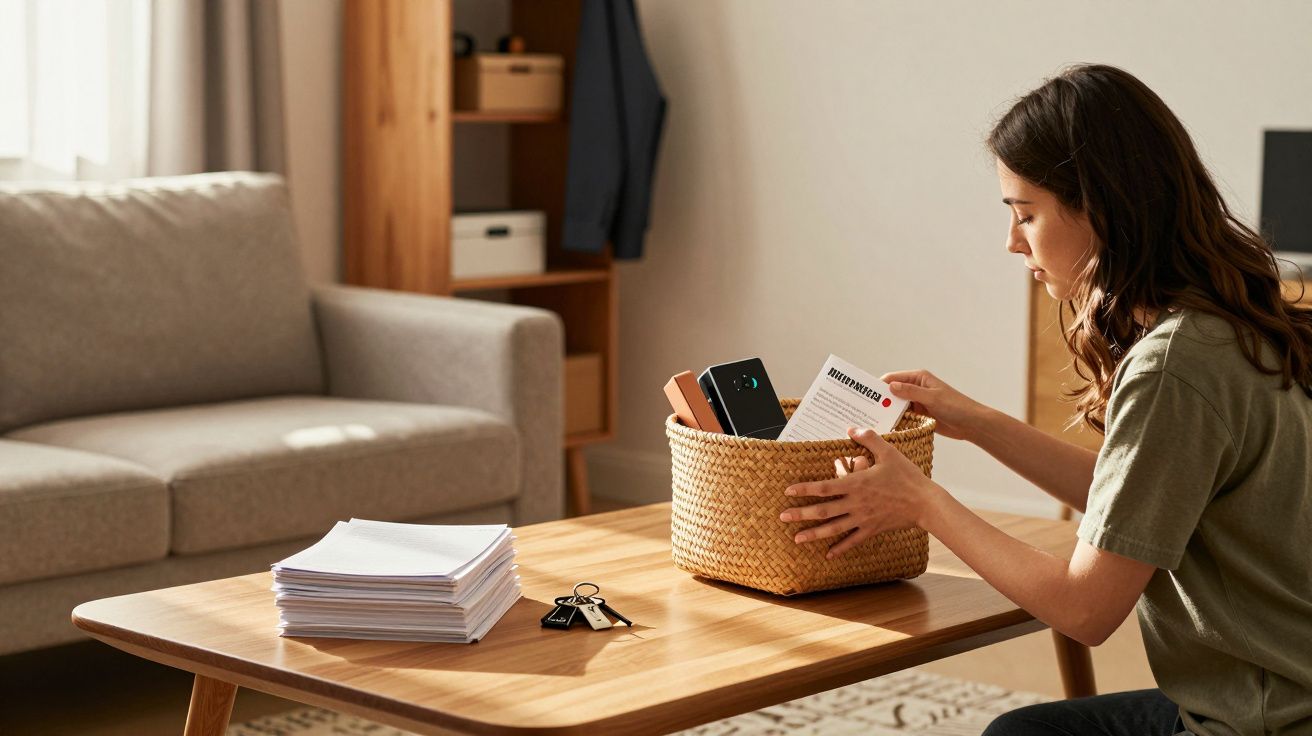 Mulher organizando itens em cesta sobre mesa de madeira em sala de estar, com papéis e chaves ao lado.