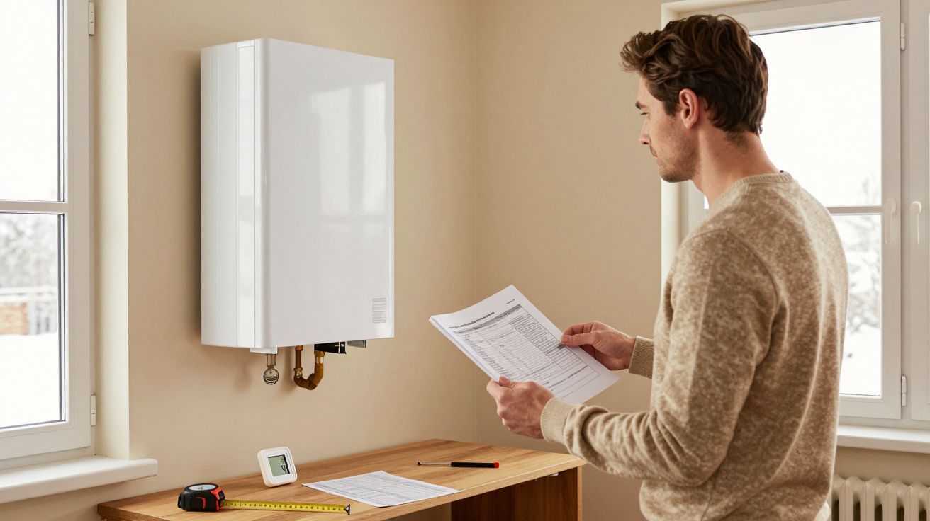 Homem analisando documentos em frente a uma caldeira montada na parede, com mesa e ferramentas ao redor.
