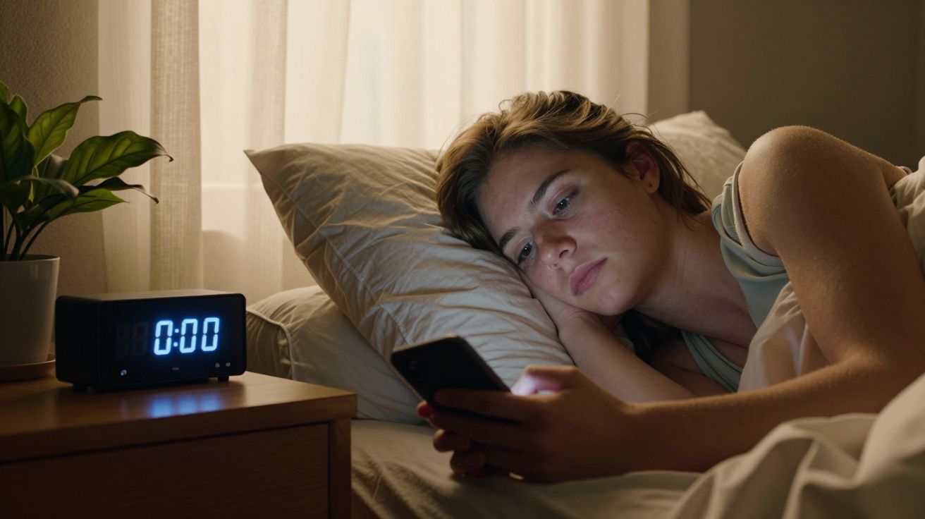 Mulher deitada na cama à noite, usando o celular, com relógio digital na mesa marcando 00:00.