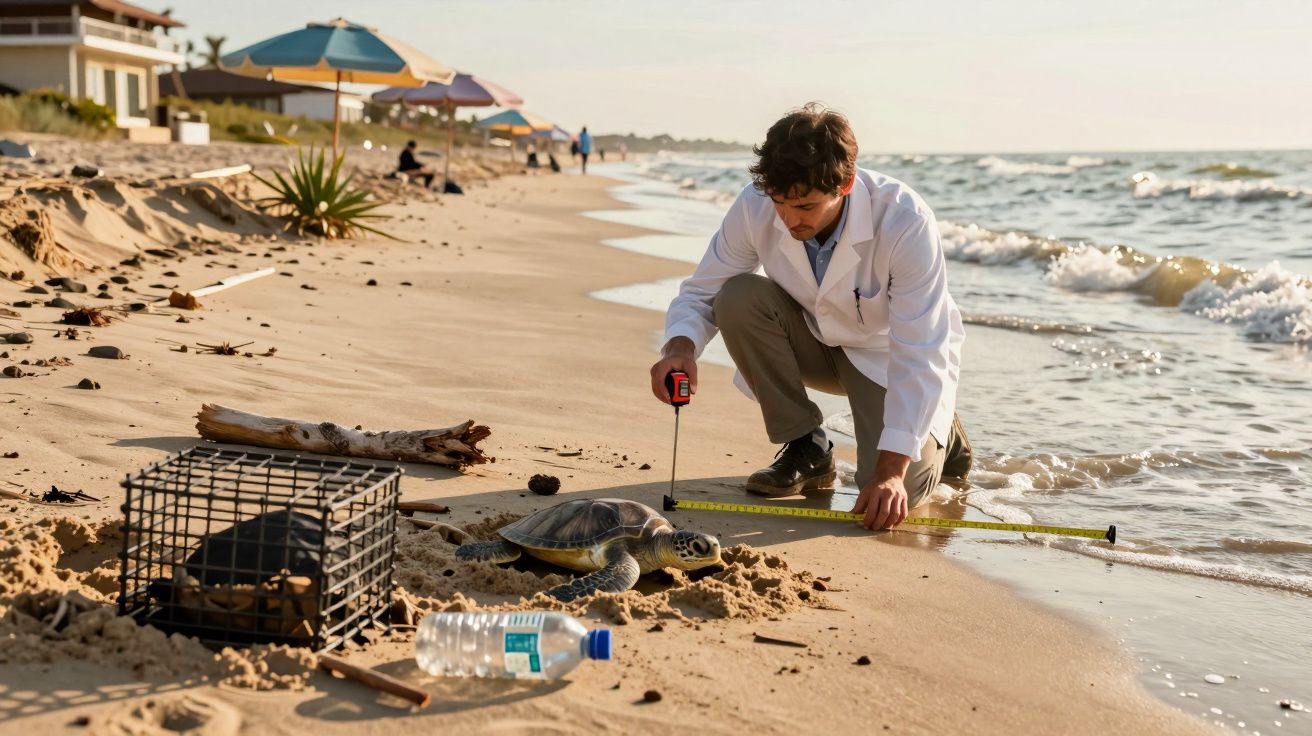 Biólogo mede uma tartaruga na praia ao pôr do sol, próximo ao mar e espreguiçadeiras.