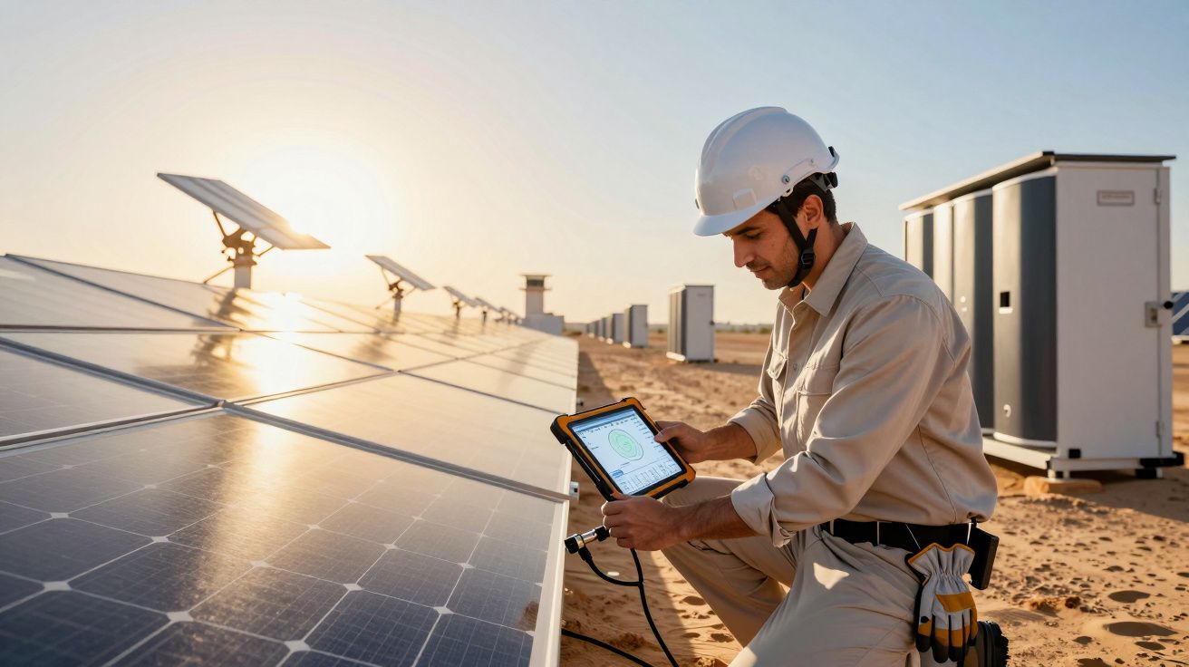 Técnico com capacete analisando dados em tablet ao lado de painéis solares em usina no deserto ao pôr do sol.