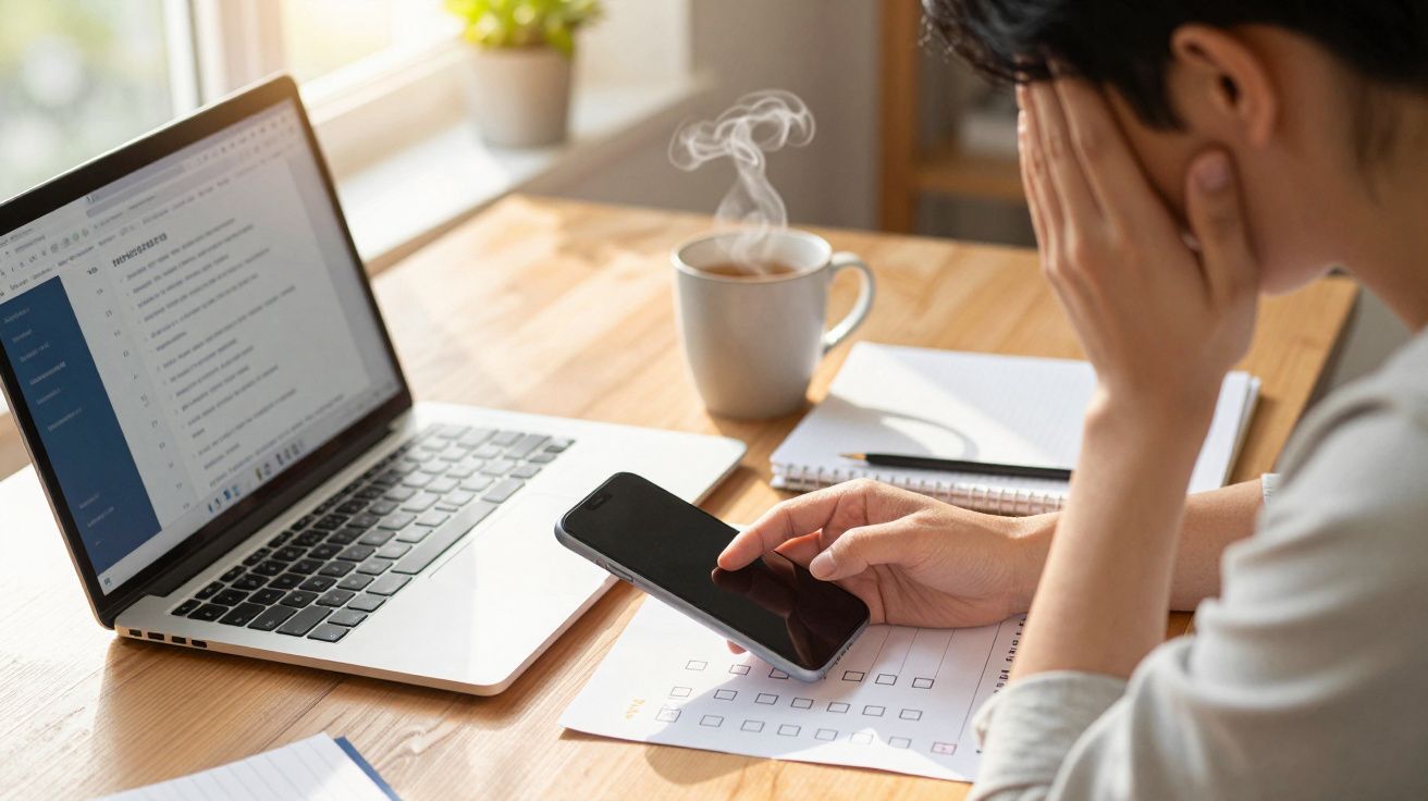 Pessoa estressada no escritório, segurando celular, com laptop e café na mesa, mão no rosto, lista de tarefas visível.