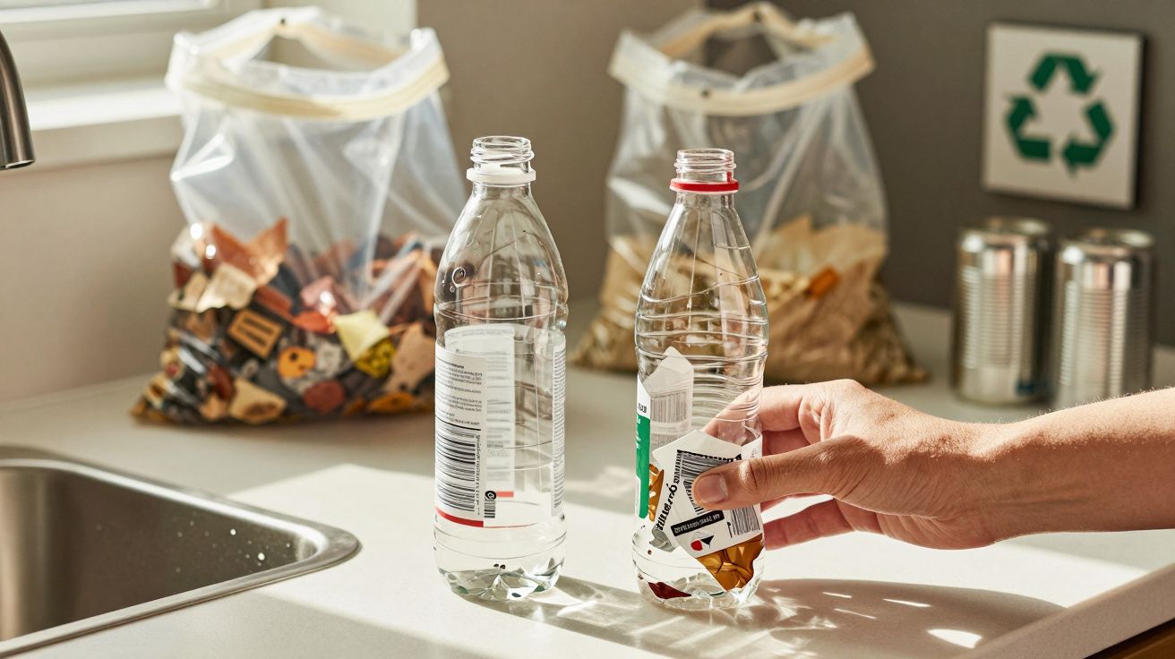 Mão segurando garrafa plástica ao lado de garrafa com rótulo em pia da cozinha; sacos e latas para reciclagem ao fundo.