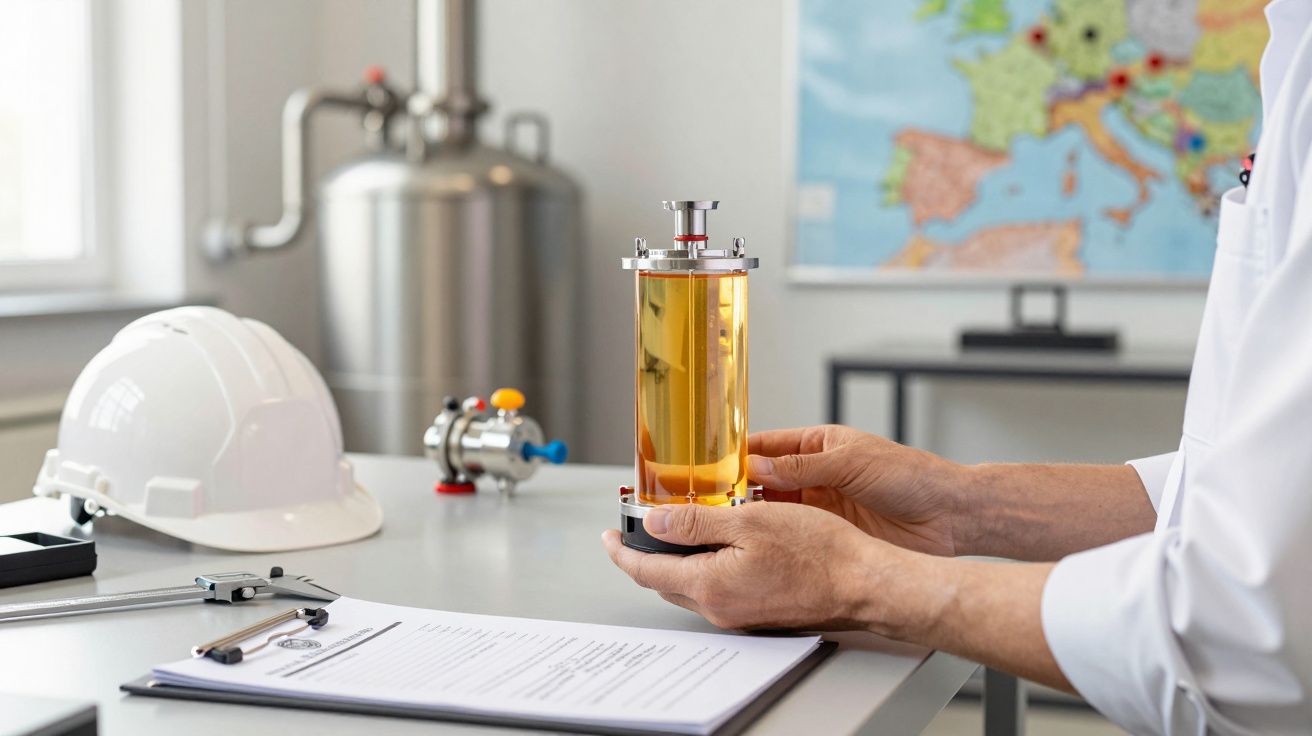 Homem segurando cilindro com líquido âmbar em laboratório industrial, capacete branco e documentos na mesa.