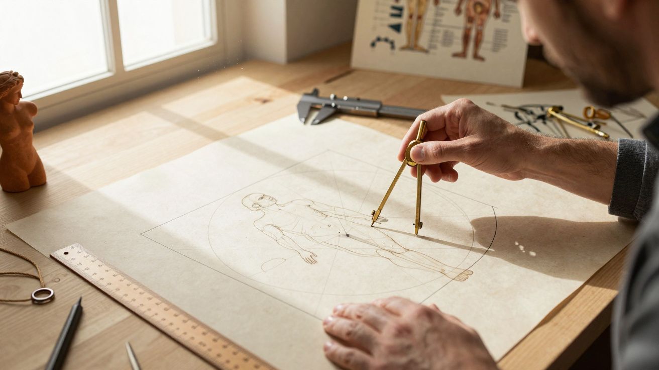 Homem desenhando figura humana com compasso em mesa de madeira ao lado de janela.