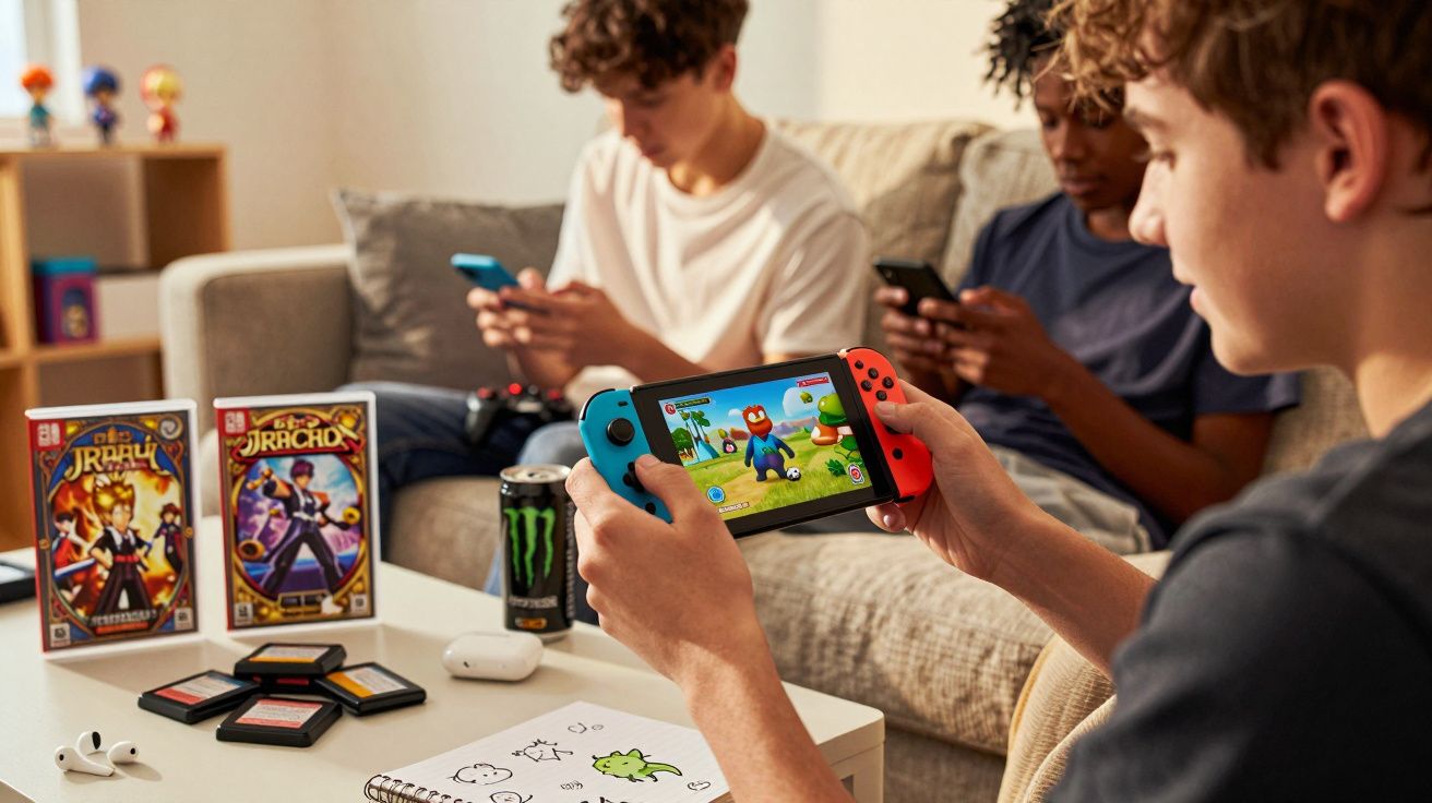 Três jovens jogando em smartphones e um console portátil em uma sala com caixas de jogos e lanche sobre a mesa.