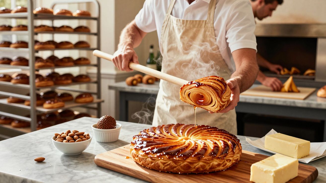 Padeiro preparando torta dourada em padaria com diversas assadeiras ao fundo.